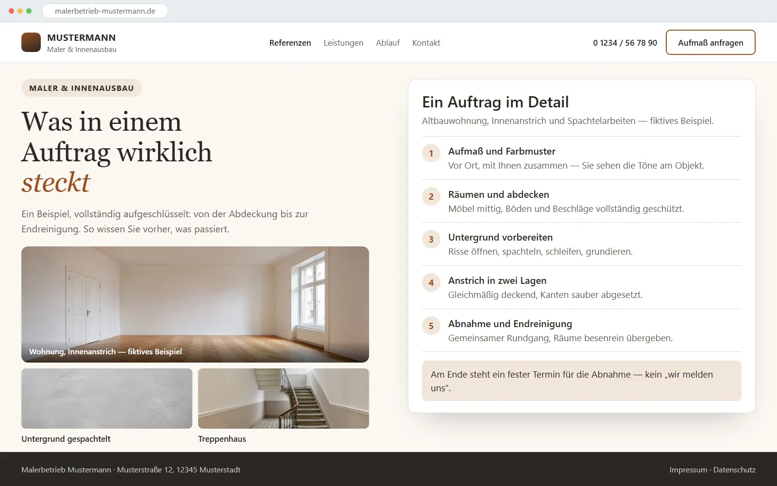 Fiktives Beispiel (Maler & Innenausbau): heller Auftritt in warmem Ocker; rechts die fünf nummerierten Arbeitsschritte eines Auftrags, links die große Referenzfläche mit zwei Detailausschnitten.