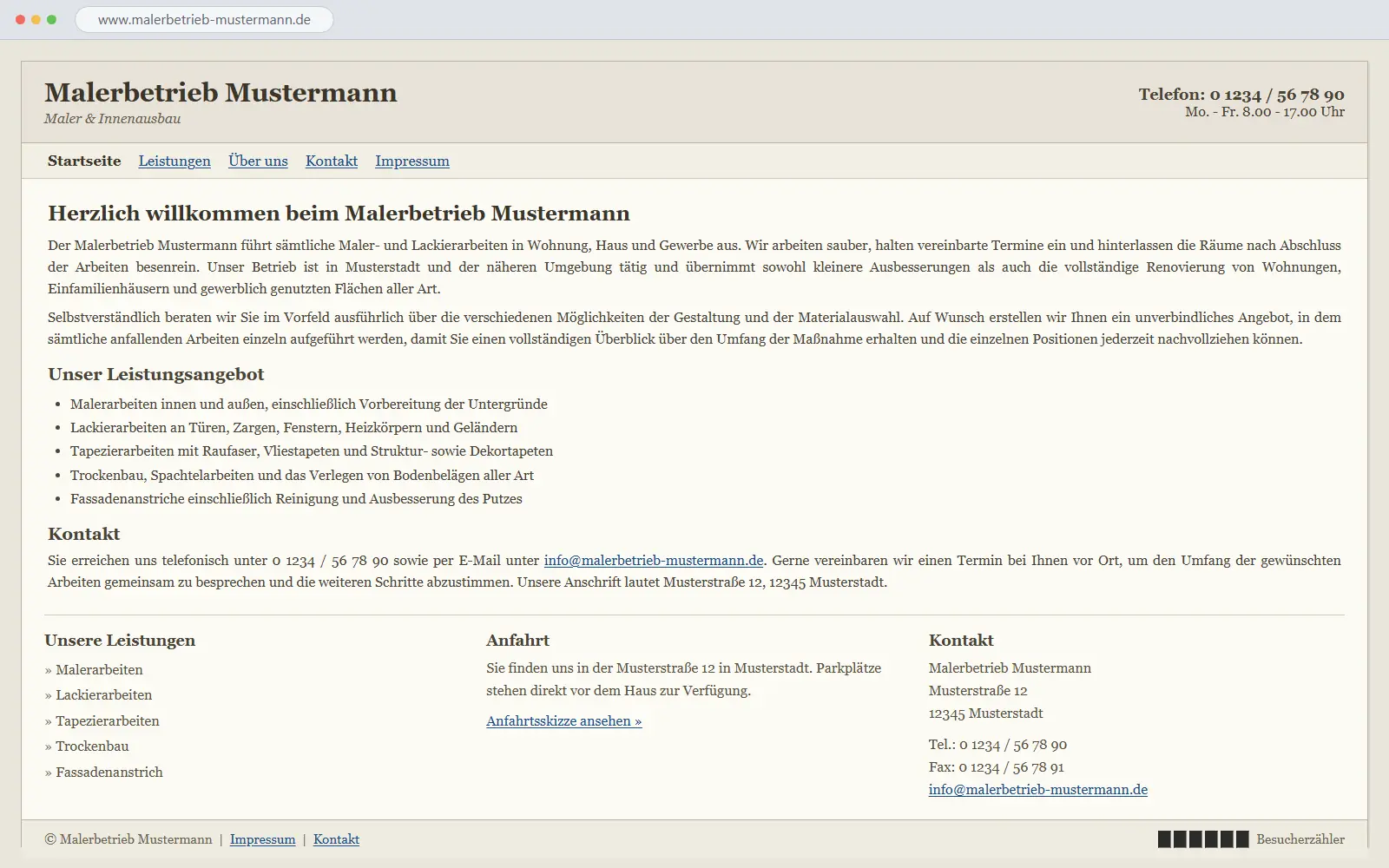 Fiktives Beispiel (Maler & Innenausbau): veraltete Website wie ein Textdokument im Browser — Serifenschrift, keine Bilder, Zeilen über die volle Seitenbreite.