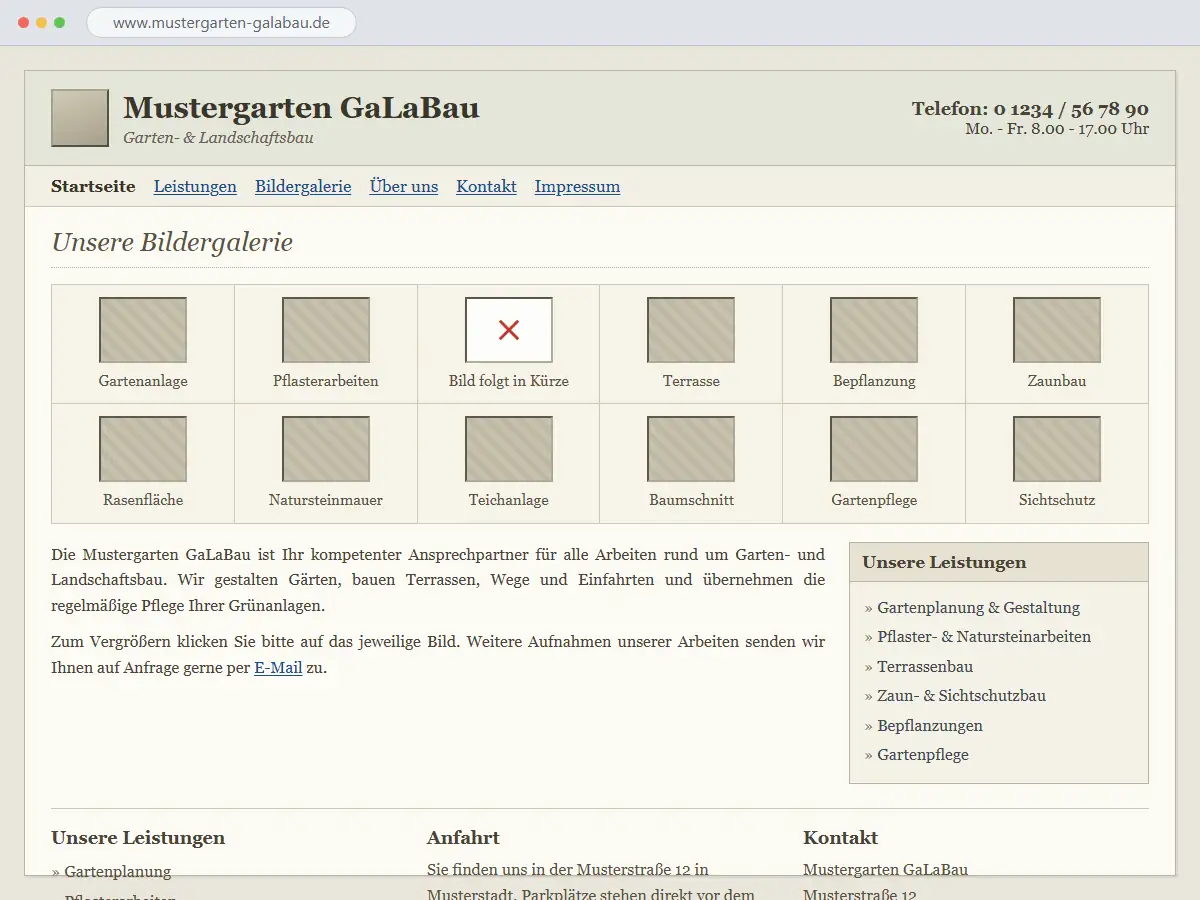Fiktives Beispiel: veraltete Website mit einer Tabelle briefmarkengroßer Bildminiaturen — eines der Bilder fehlt