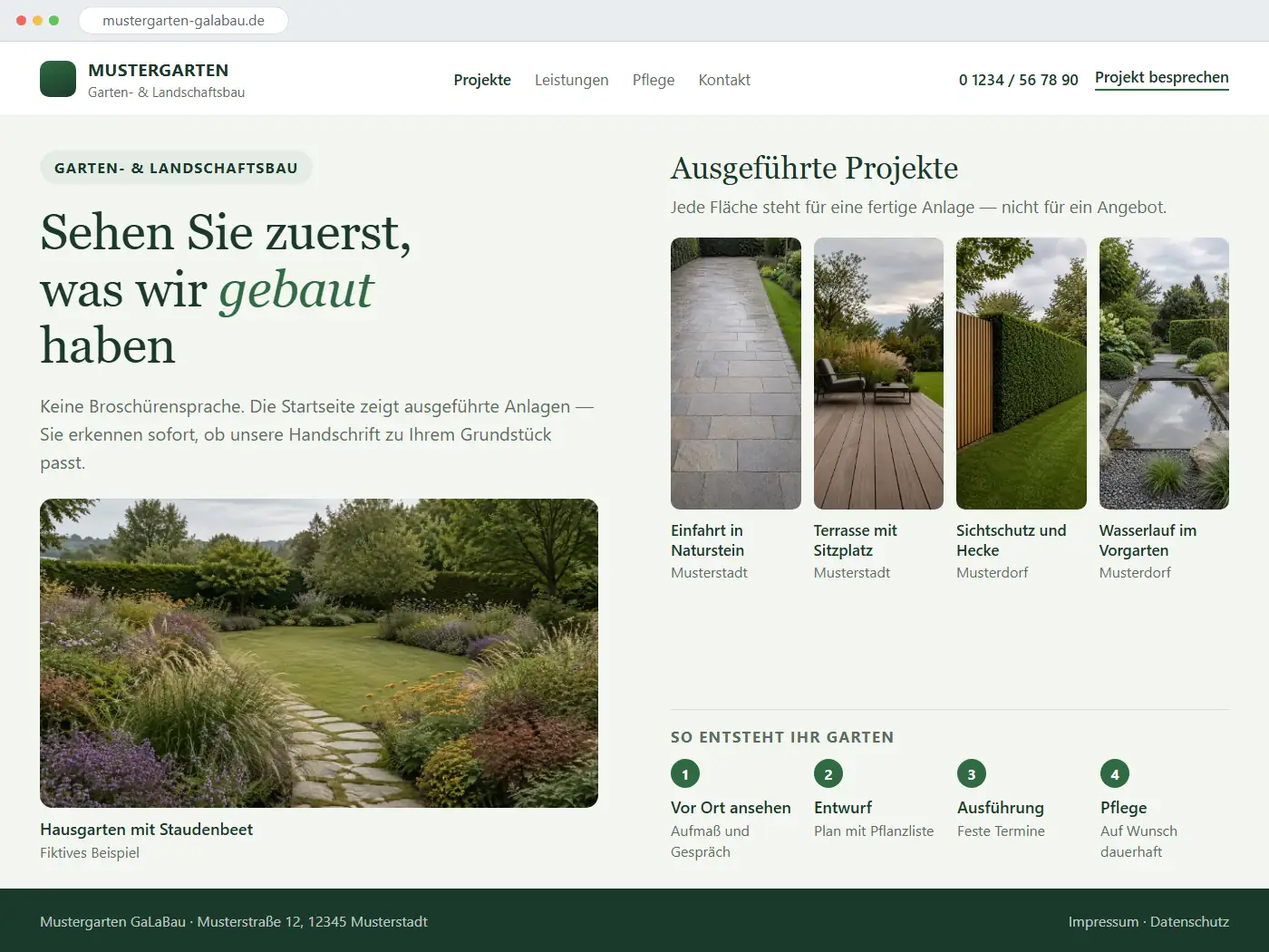 Fiktives Beispiel: dieselbe Website nach dem Refresh — beschriftete Projektflächen und ein Ablaufband